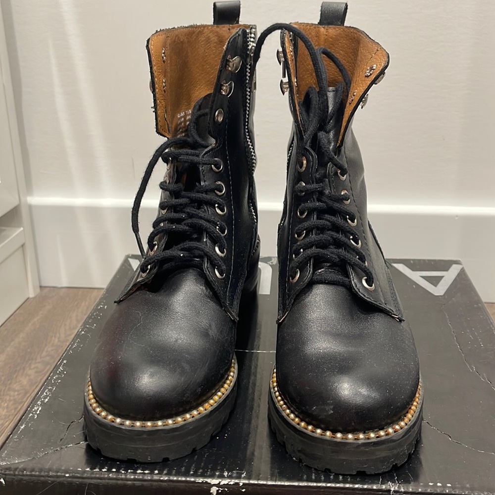 Women’s Aqua leather combat boots with inner zipper